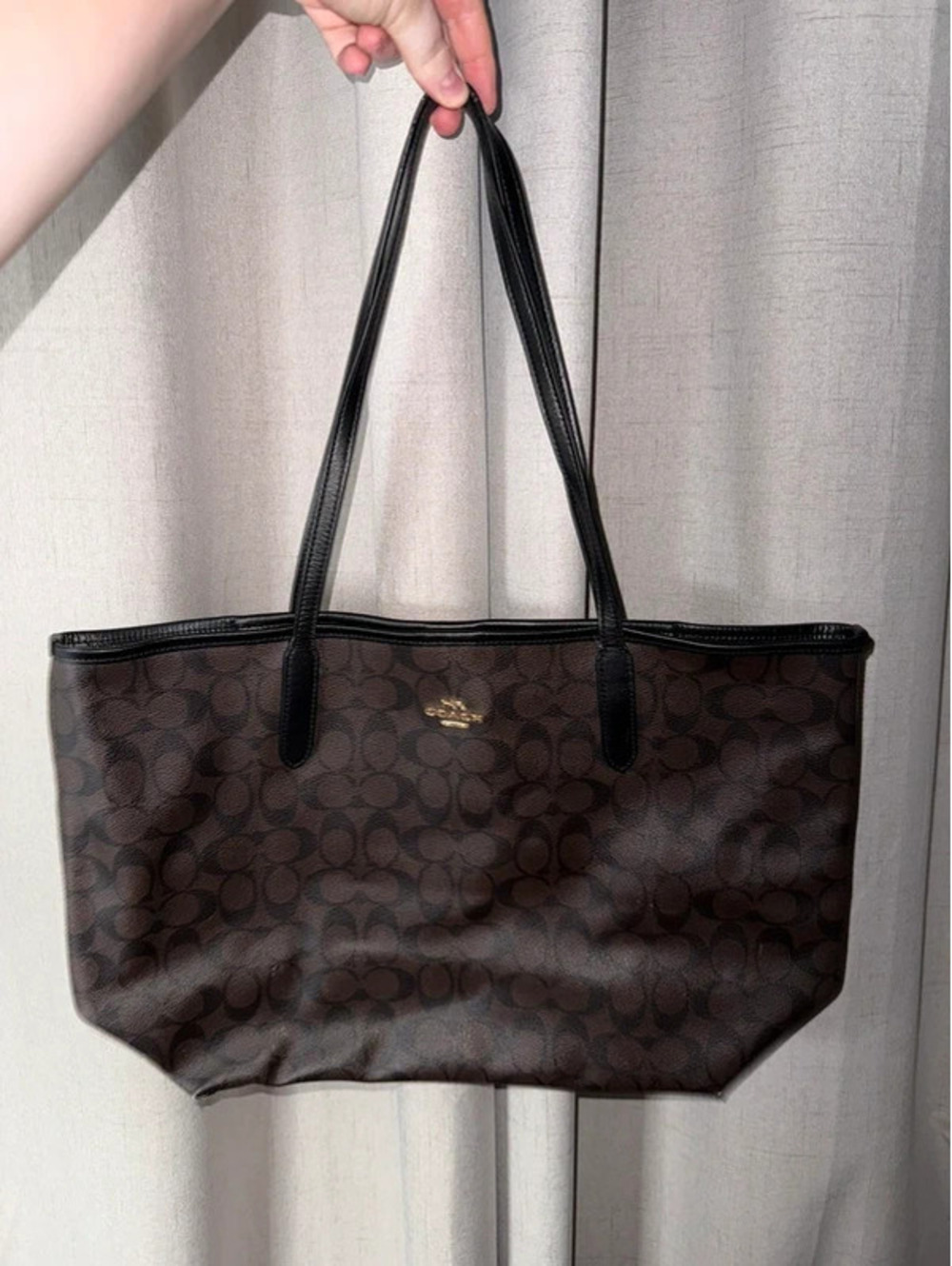 Coach City Tote Brown Black Signature Canvas Large Shoulder Bag